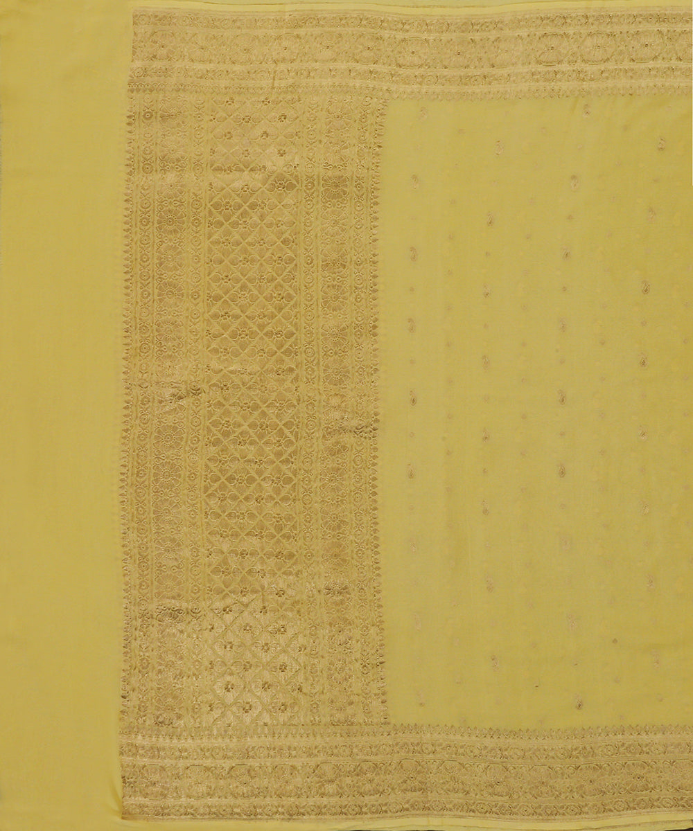 Yellow_Handloom_Banarasi_Georgette_Dupatta_With_Paisley_Booti_And_Kadhwa_Border_WeaverStory_02