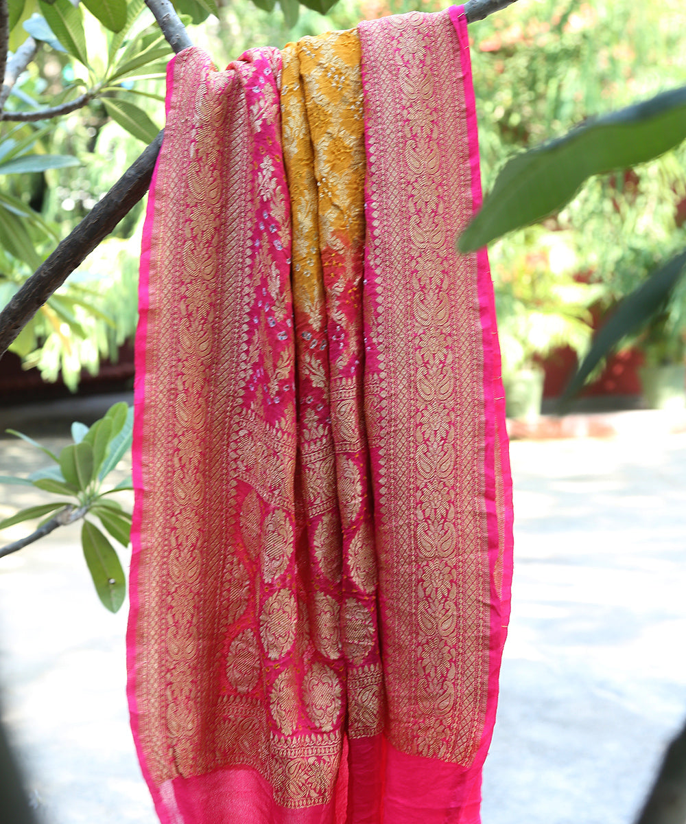 Hot_Pink_And_Yellow_Handloom_Georgette_Banarasi_Bandhej_Dupatta_WeaverStory_01