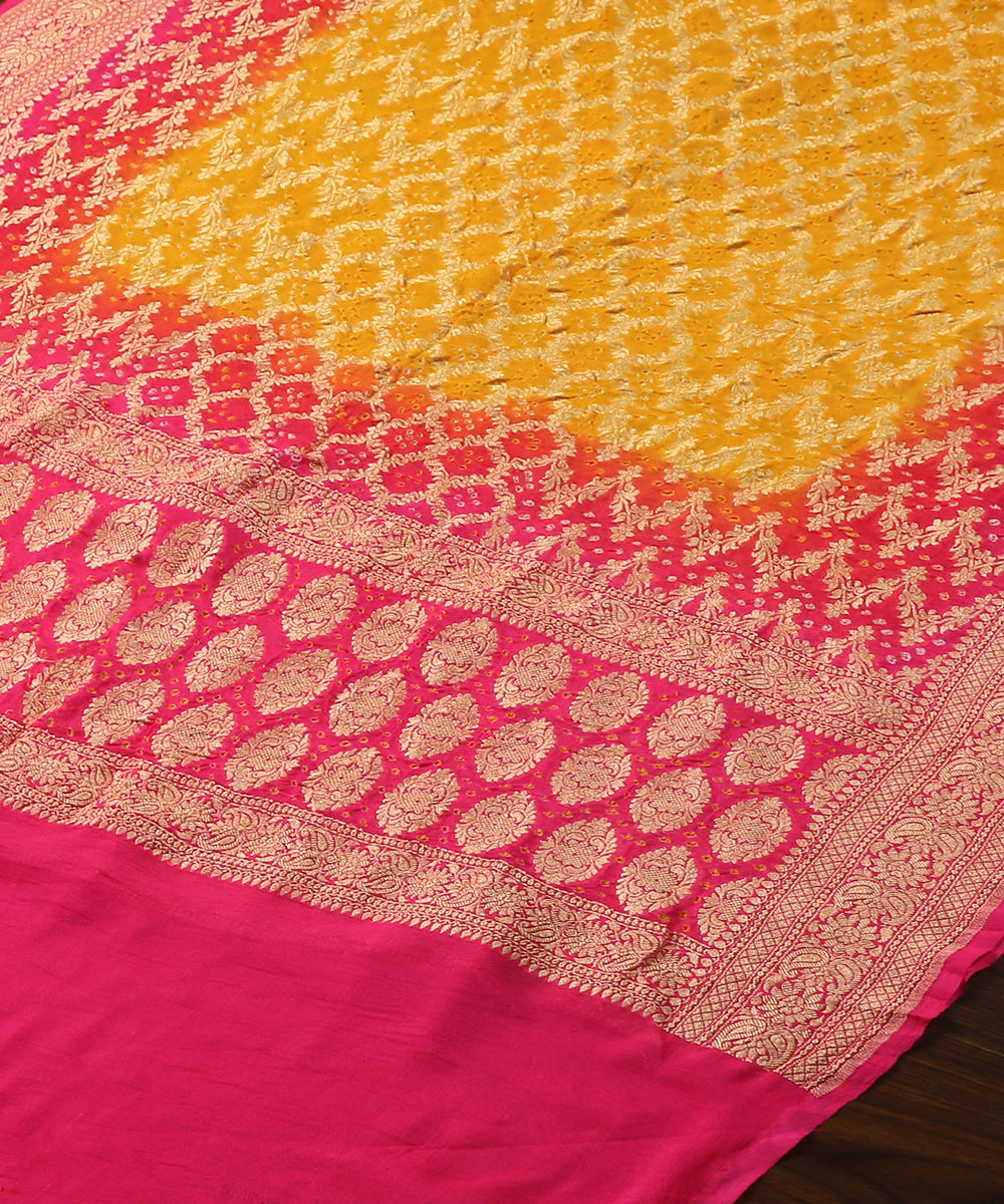 Hot_Pink_And_Yellow_Handloom_Georgette_Banarasi_Bandhej_Dupatta_WeaverStory_03