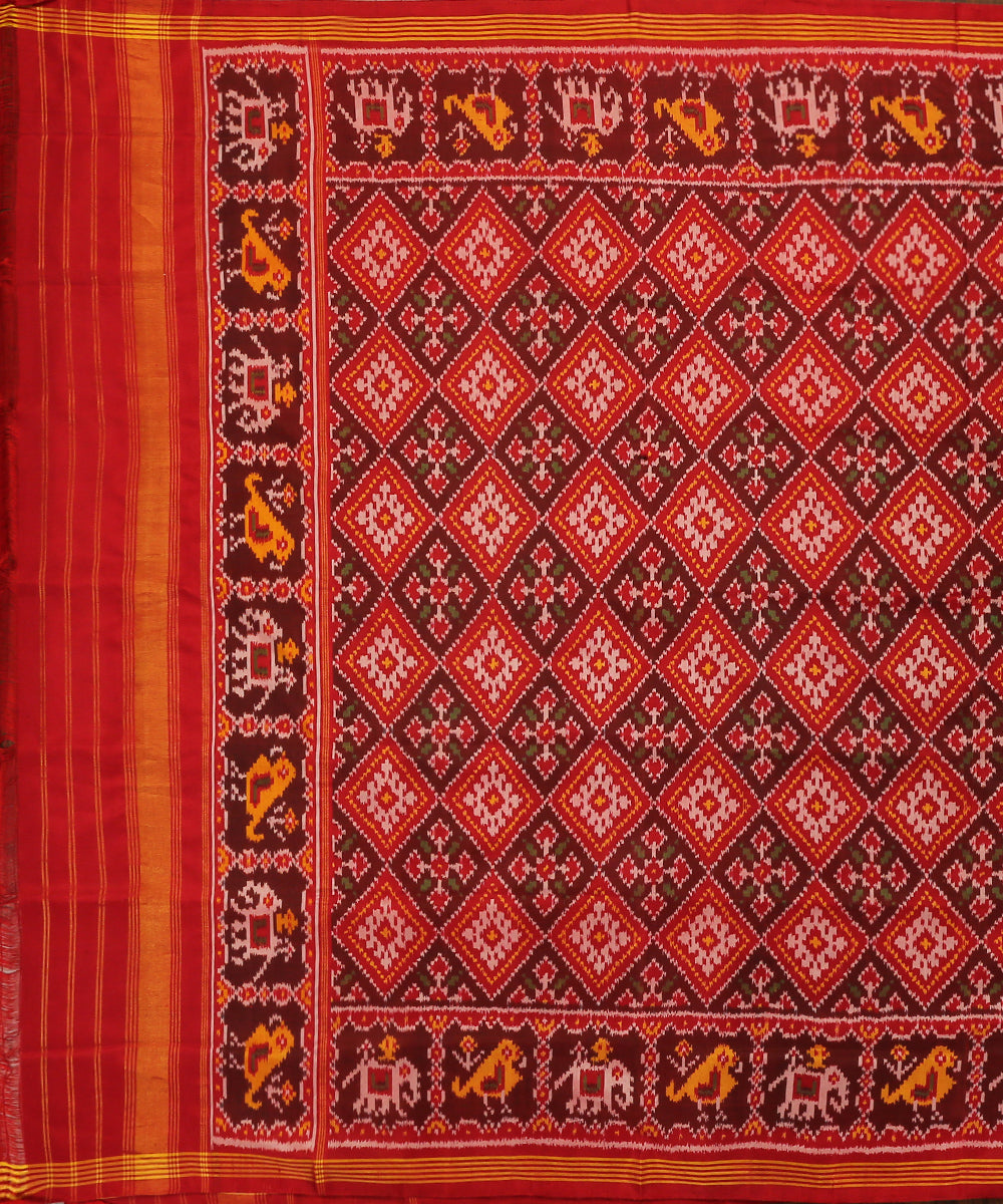 Coke_Brown_Handloom_Pure_Mulberry_Silk_Single_Ikat_Patola_Dupatta_With_Maroon_Border_WeaverStory_02