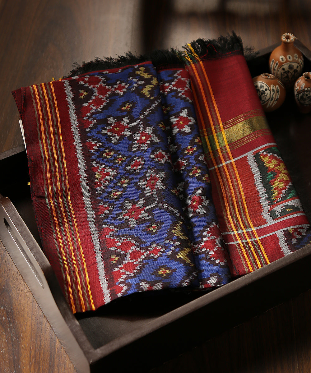 Handloom_Blue_Pure_Mulberry_Silk_Single_Ikat_Patola_Dupatta_With_Black_And_Maroon_Border_WeaverStory_01