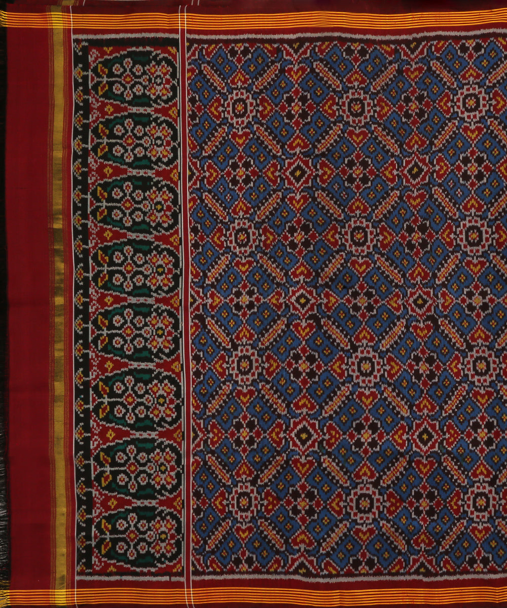 Handloom_Blue_Pure_Mulberry_Silk_Single_Ikat_Patola_Dupatta_With_Black_And_Maroon_Border_WeaverStory_02