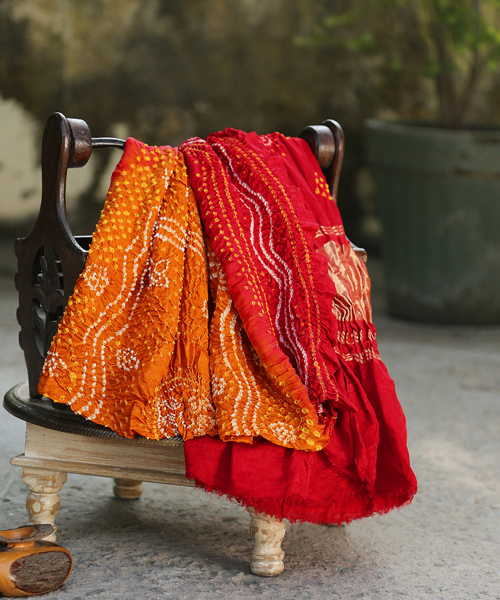 Red_And_Mustard_Handloom_Pure_Gajji_Silk_Banarasi_Bandhej_Dupatta_WeaverStory_01