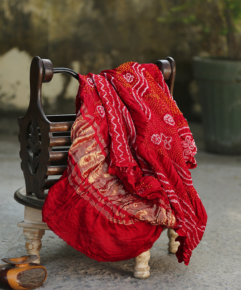 Red_Handloom_Pure_Gajji_Silk_Banarasi_Bandhej_Dupatta_WeaverStory_01