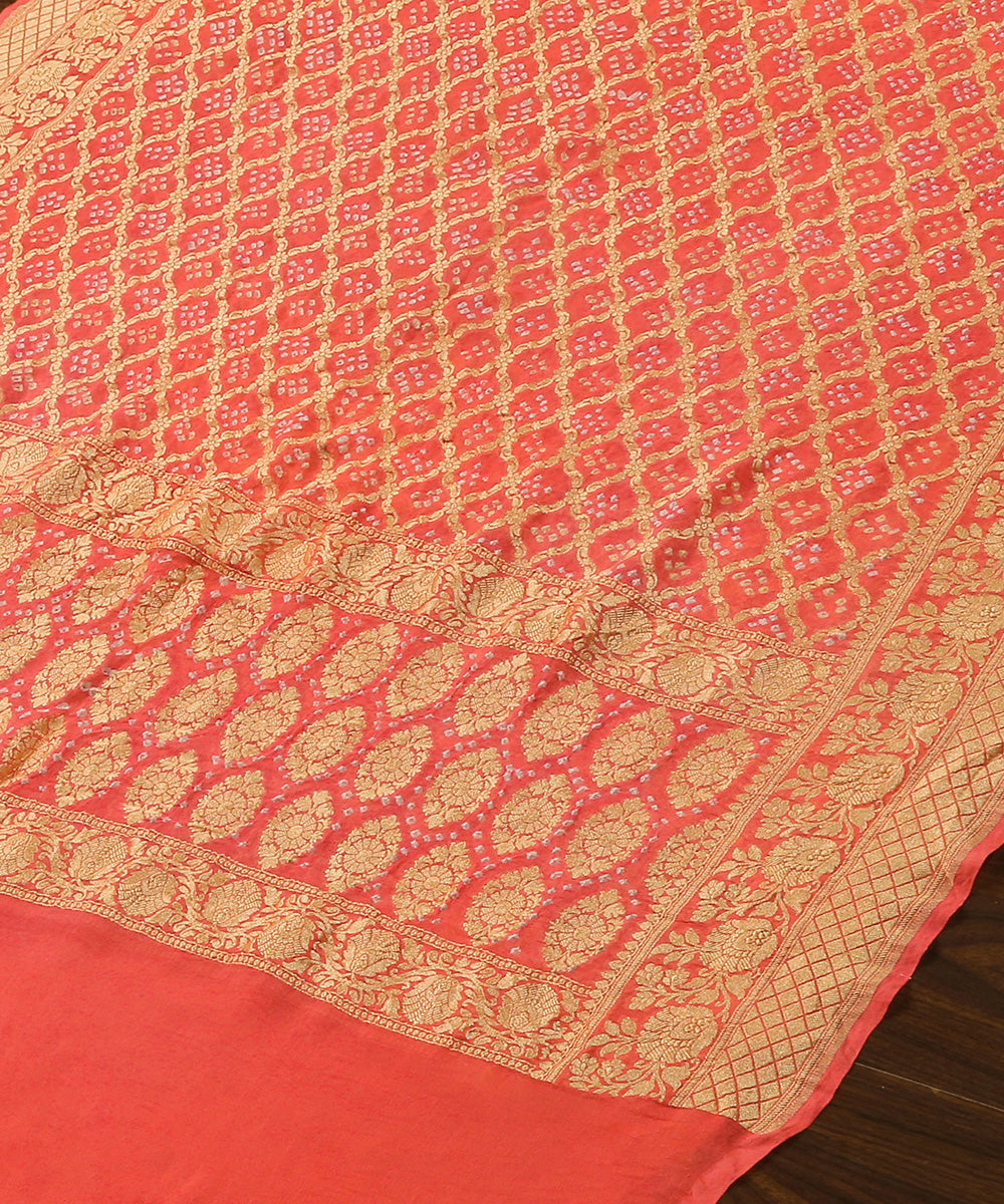 Handloom_Coral_Peach_Pure_Georgette_Banarasi_Bandhej_Dupatta_WeaverStory_03