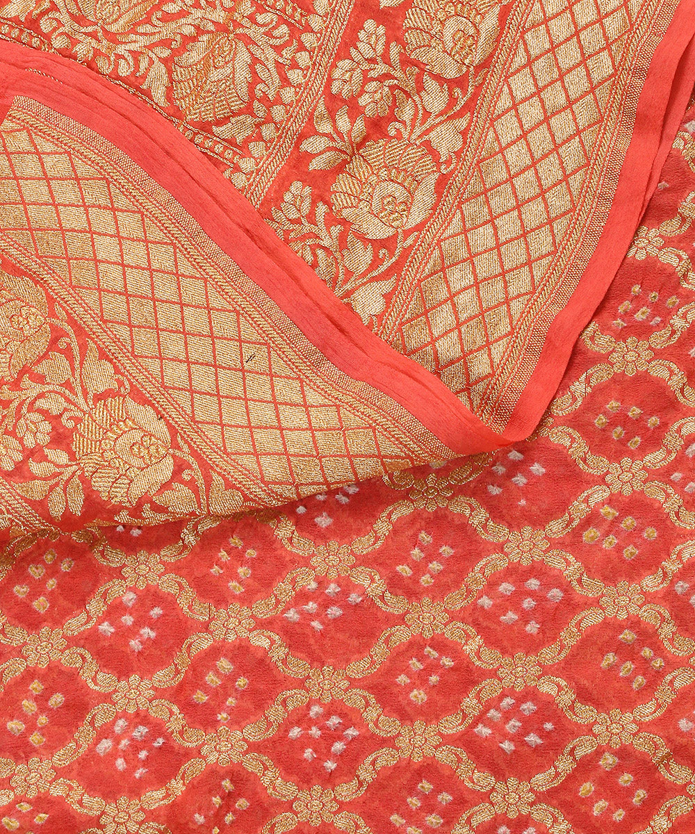 Handloom_Coral_Peach_Pure_Georgette_Banarasi_Bandhej_Dupatta_WeaverStory_04