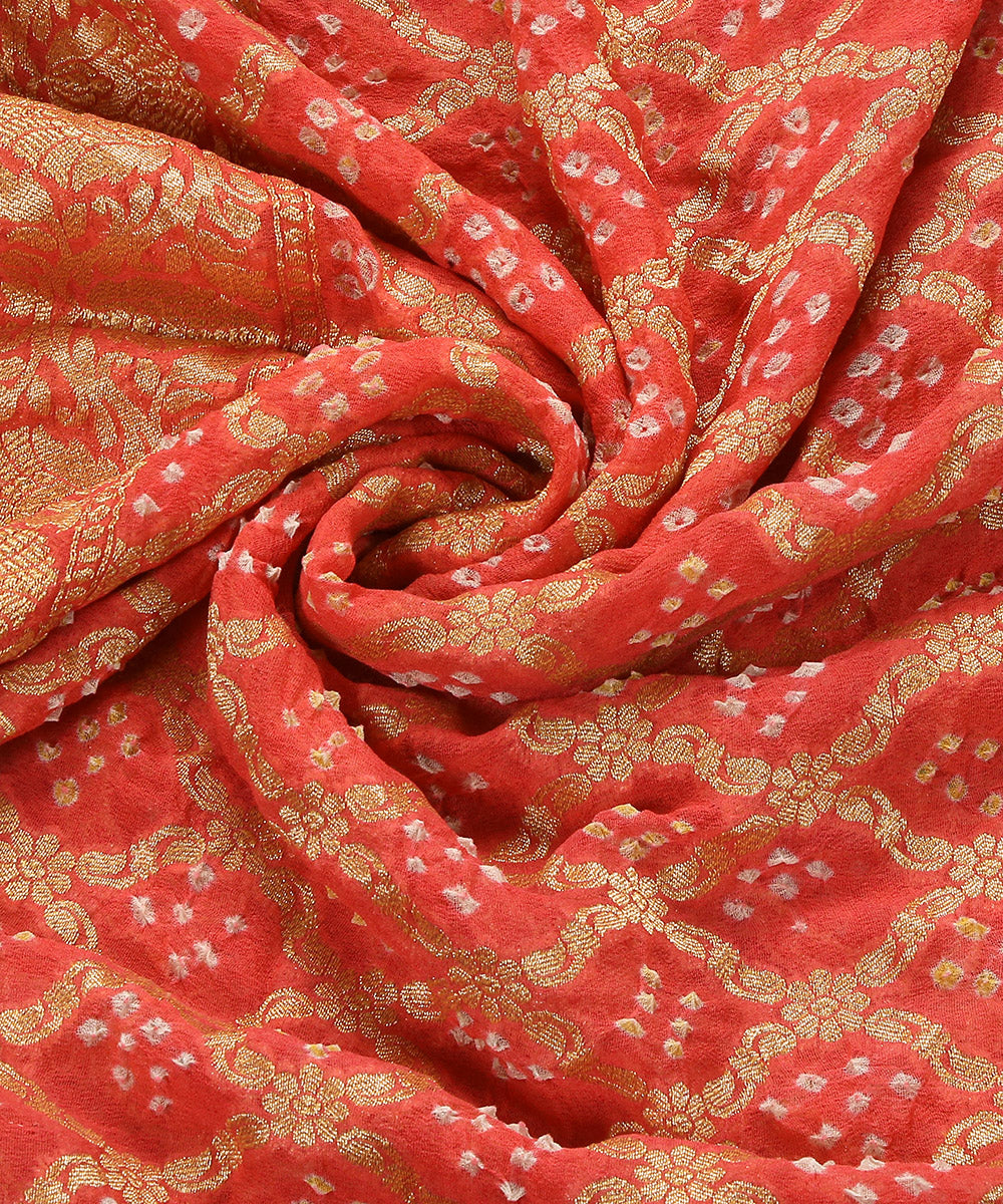 Handloom_Coral_Peach_Pure_Georgette_Banarasi_Bandhej_Dupatta_WeaverStory_05