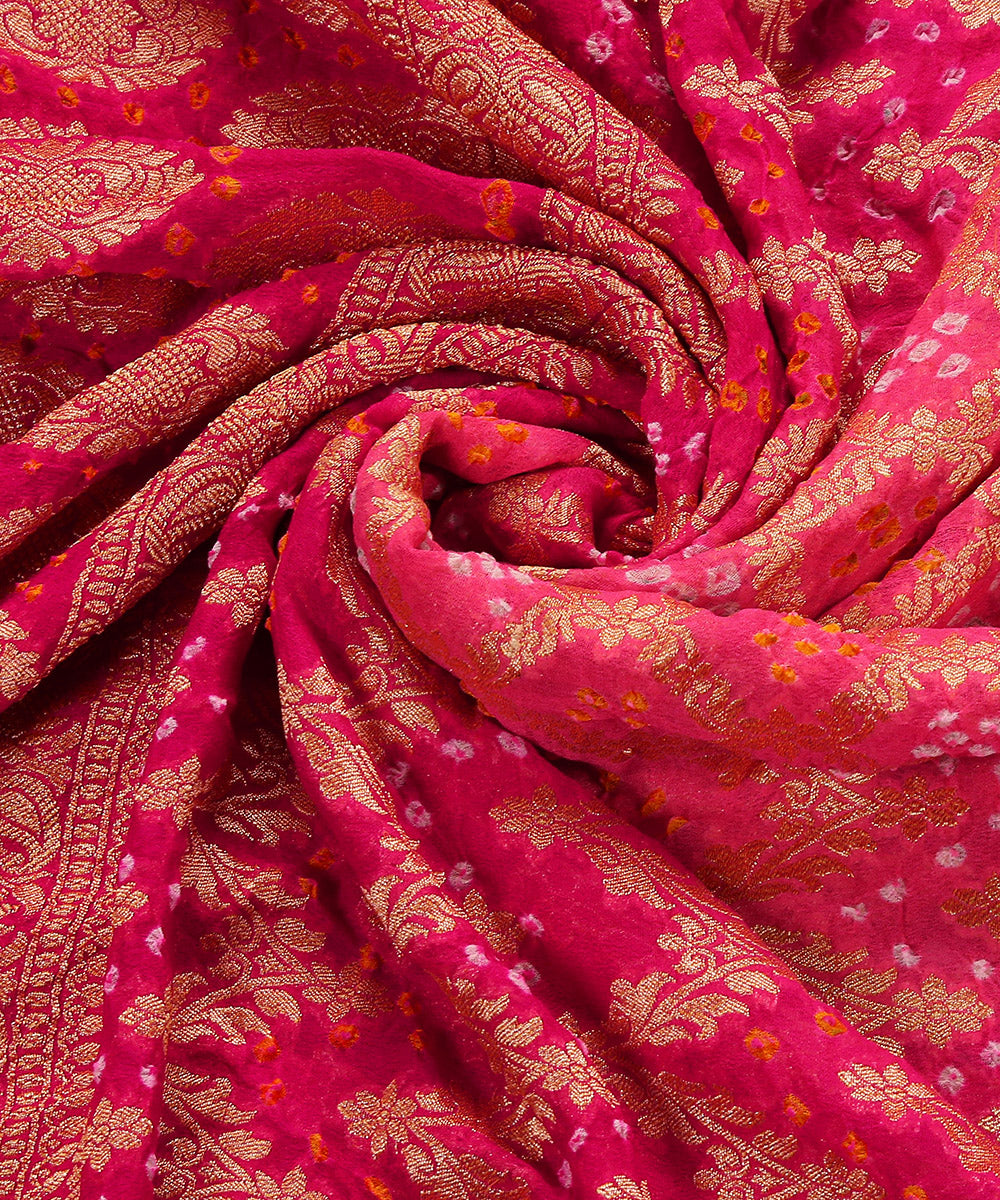 Handloom_Pink_And_Peach_Pure_Georegette_Banarasi_Bandhej_Dupatta_WeaverStory_05