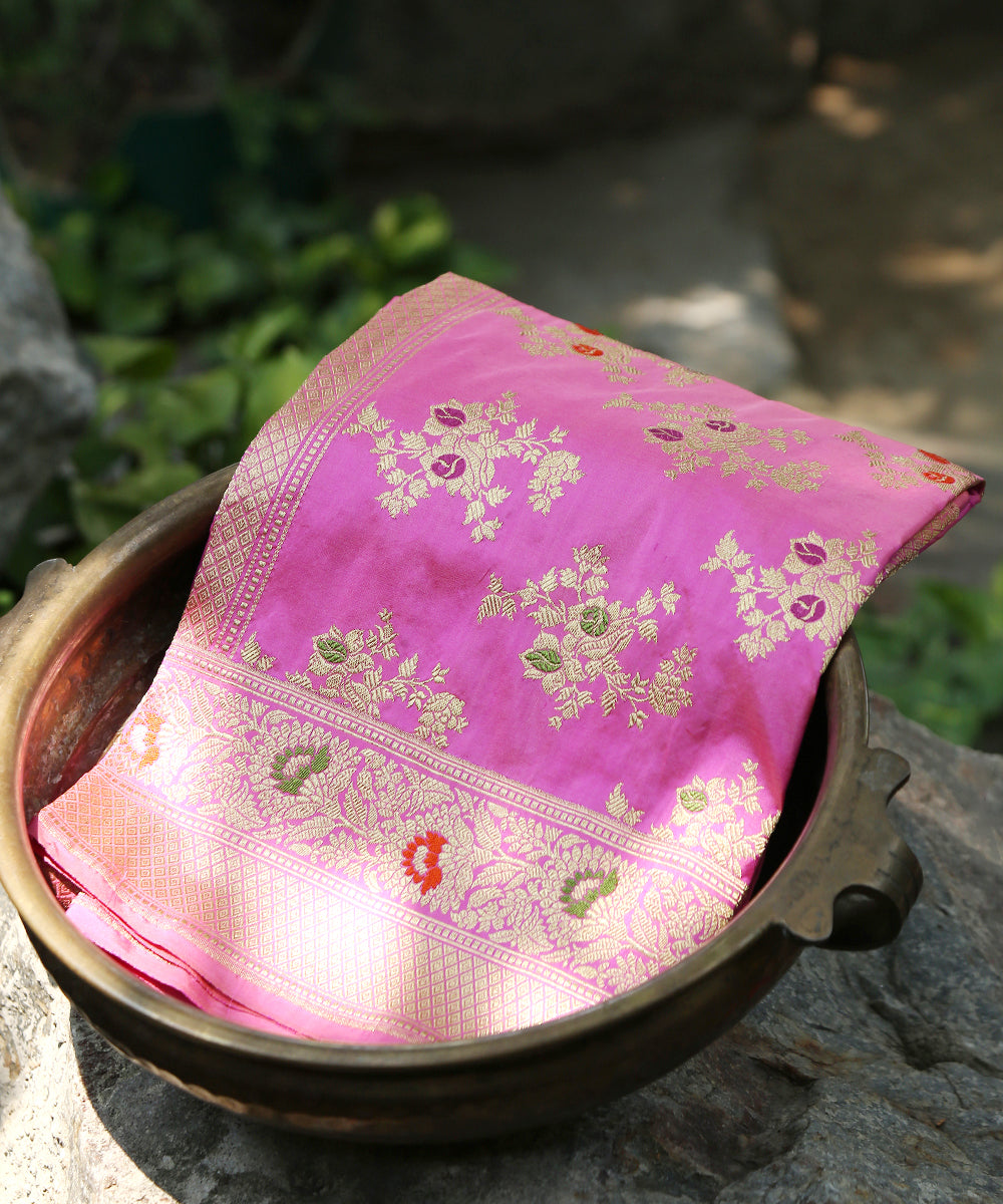 Pink_Handloom_Pure_Katan_Silk_Banarasi_Dupatta_With_Meenakari_WeaverStory_01