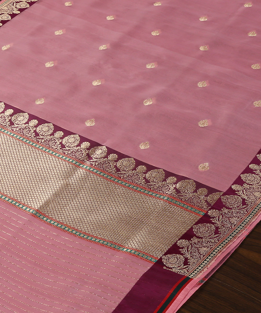 Pink_Handloom_Pure_Organza_Banarasi_Dupatta_With_Golden_Booti_WeaverStory_03