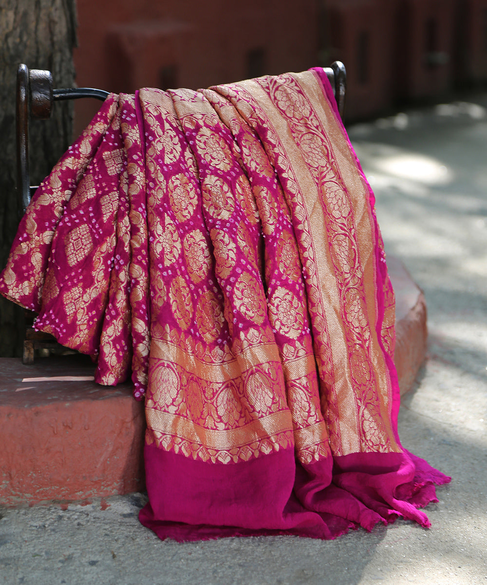 Magenta_Handloom_Pure_Georgette_Banarasi_Bandhej_Dupatta_With_All_Over_Zari_Cutwork_Jaal_WeaverStory_01