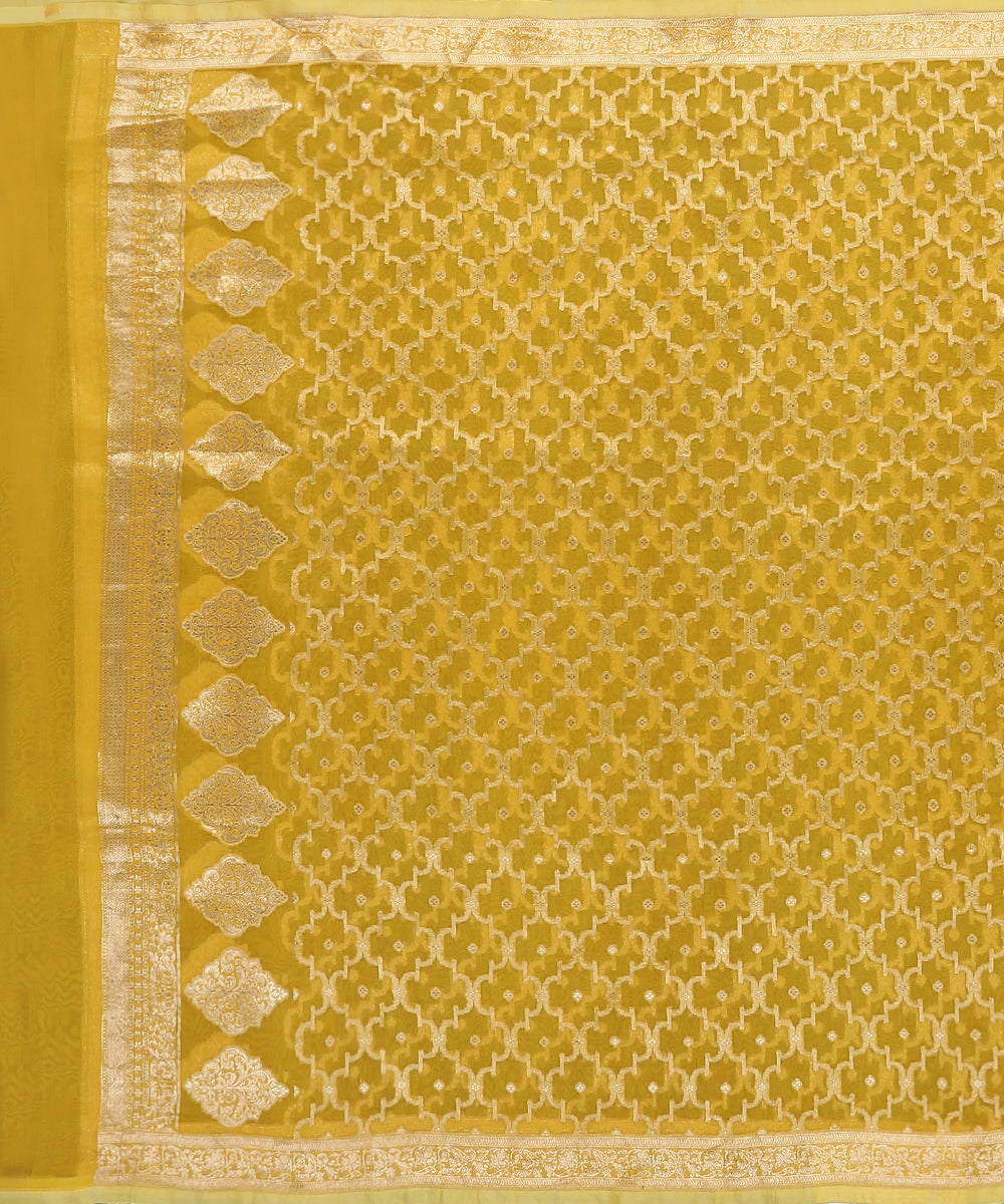 Handloom_Yellow_Pure_Organza_Banarasi_Dupatta_With_Cutwork_Jaal_WeaverStory_02