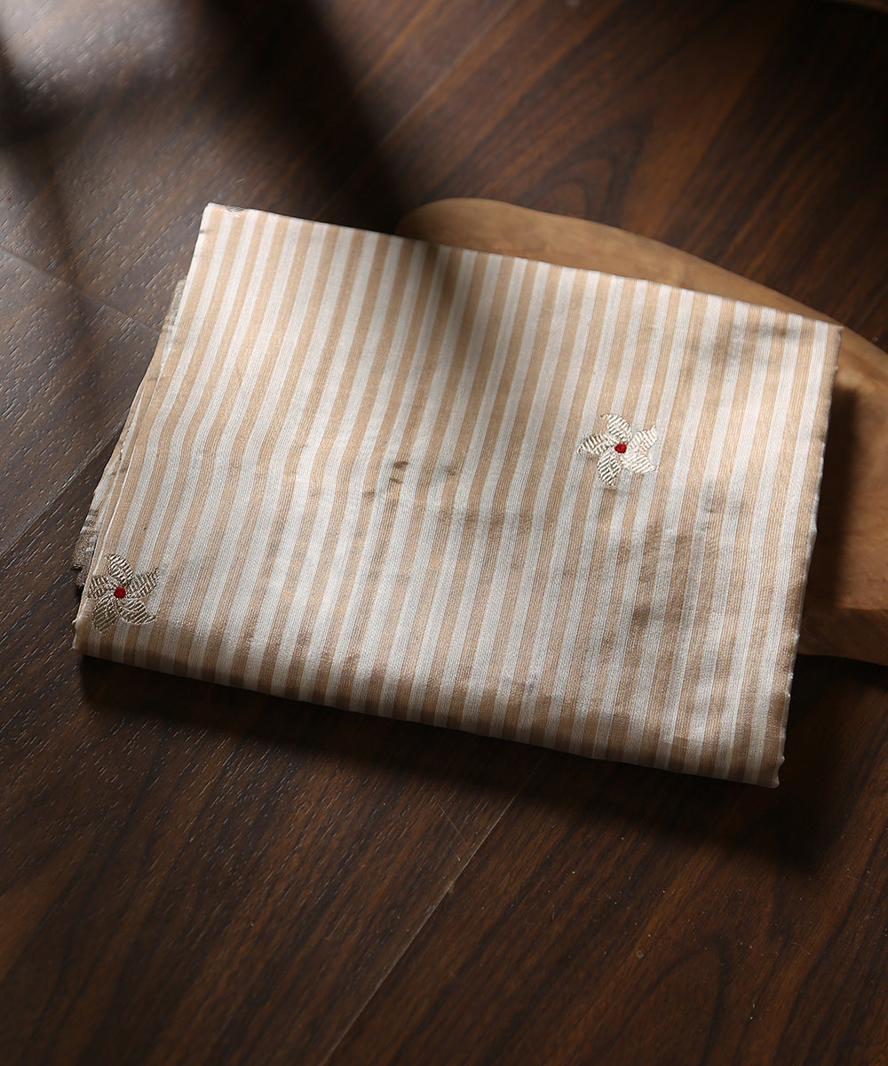 Handloom_Cream_And_White_Striped_Chanderi_Silk_Dupatta_With_5_Petal_Flower_Booti_WeaverStory_01