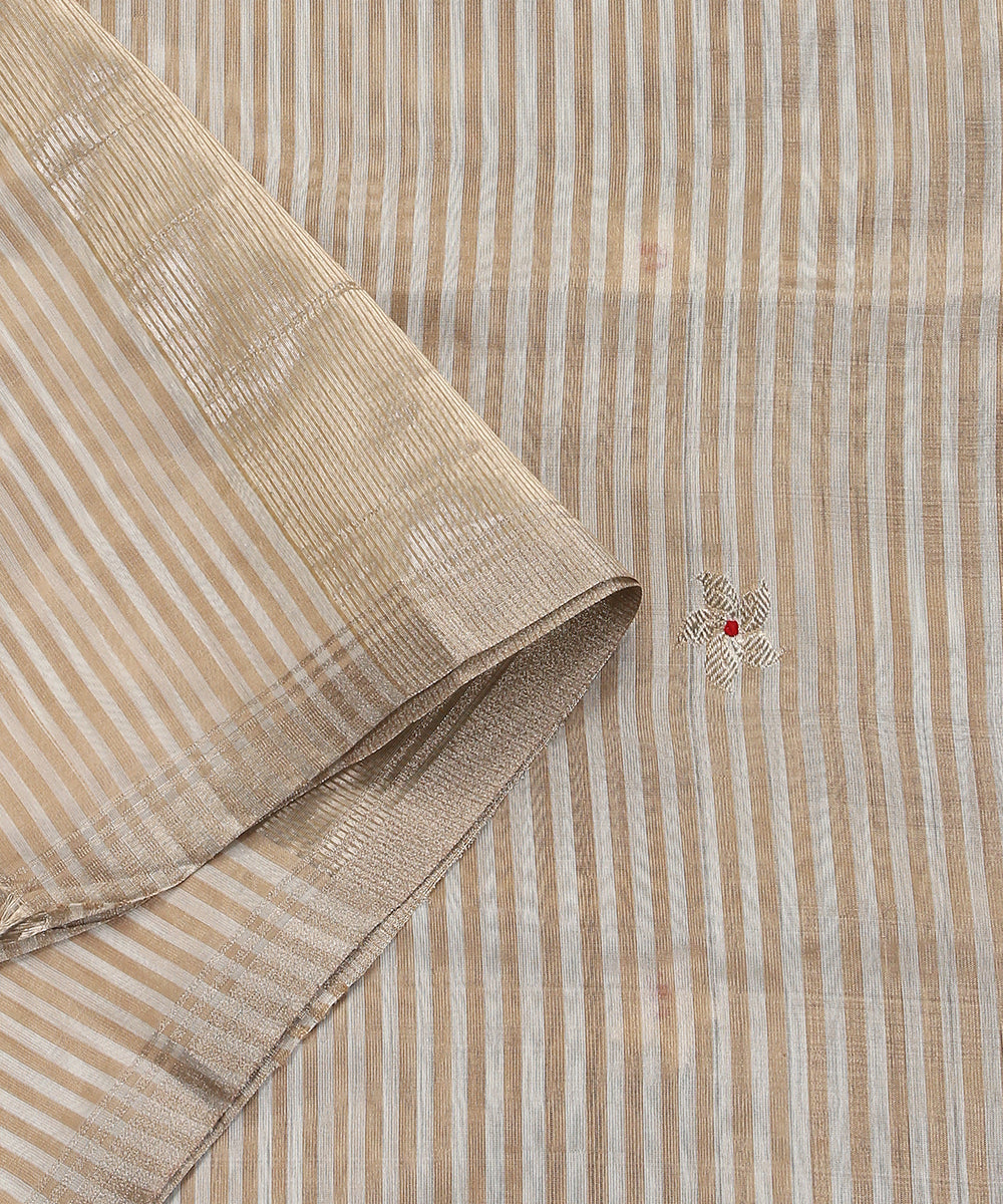 Handloom_Cream_And_White_Striped_Chanderi_Silk_Dupatta_With_5_Petal_Flower_Booti_WeaverStory_04