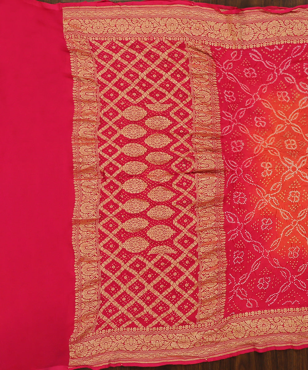 Handloom_Magenta_And_Orange_Pure_Georgette_Banarasi_Bandhej_Dupatta_With_Zari_Border_WeaverStory_02