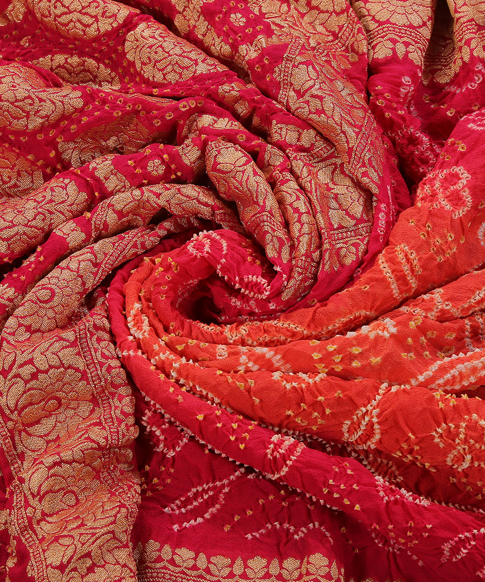 Handloom_Magenta_And_Orange_Pure_Georgette_Banarasi_Bandhej_Dupatta_With_Zari_Border_WeaverStory_05