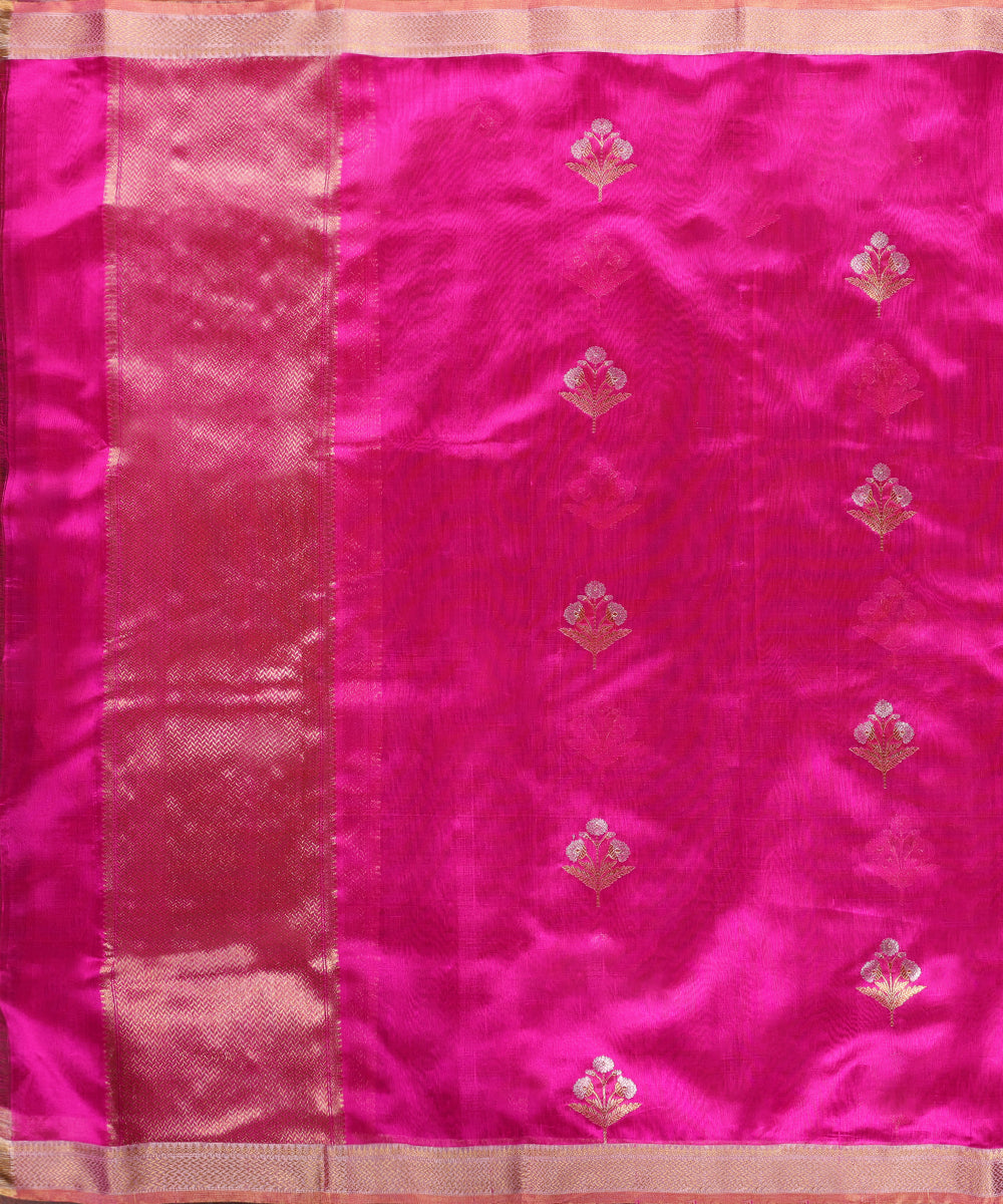 Rani_Pink_Handloom_Pure_Chanderi_Silk_Dupatta_With_Three_Flower_Meena_Motifs_WeaverStory_03