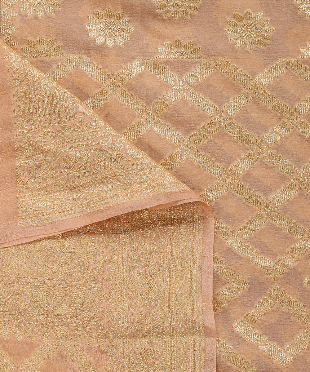 Peach_Handloom_Pure_Georegtte_Banarasi_Bandhej_Dupatta_With_Cutwork_Jaal_WeaverStory_04