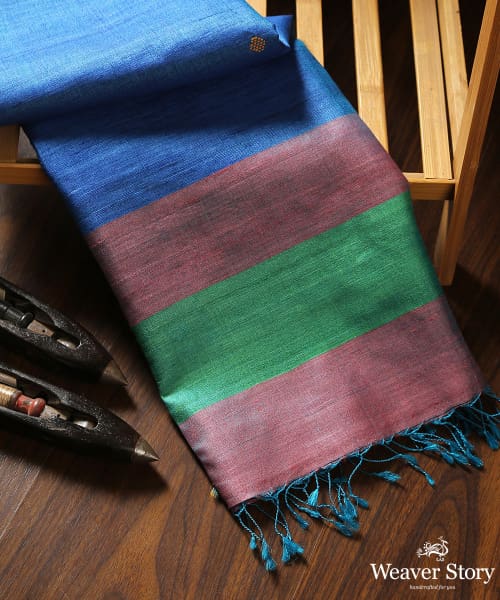 Handloom_Blue_Pure_Tussar_Silk_Dupatta_With_Diamond_Booti_And_Purple_Pallu_Border_WeaverStory_01