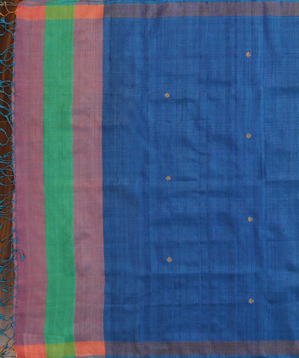 Blue_Handloom_Pure_Tussar_Silk_Dupatta_With_Diamond_Booti_And_Purple_Pallu_Border_WeaverStory_02