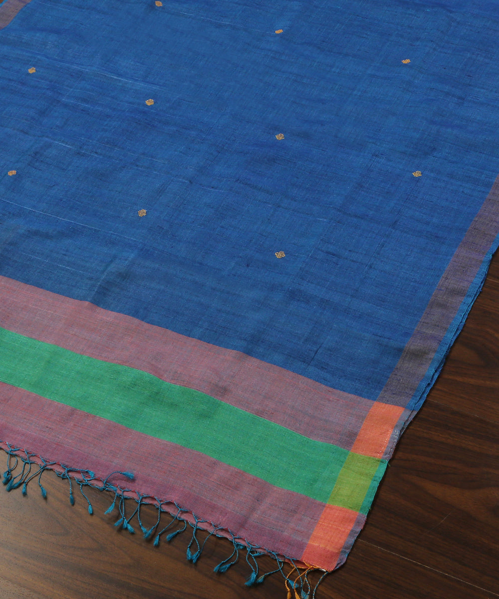 Blue_Handloom_Pure_Tussar_Silk_Dupatta_With_Diamond_Booti_And_Purple_Pallu_Border_WeaverStory_03