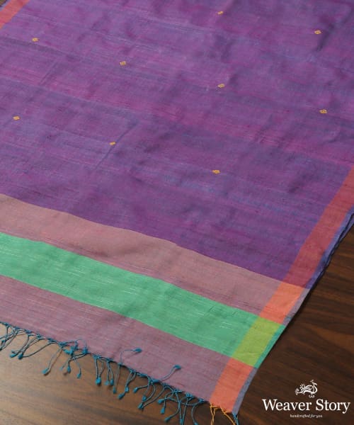 Purple_Handloom_Pure_Tussar_Silk_Dupatta_With_Diamond_Booti_And_Orange_Border_WeaverStory_03