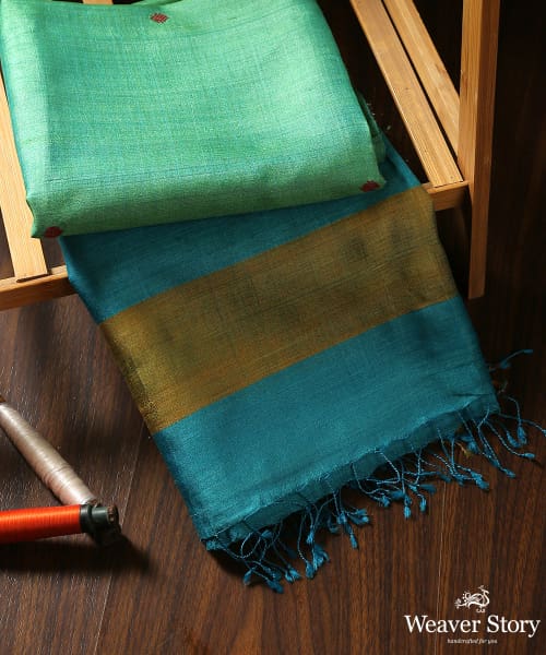 Green_Handloom_Pure_Tussar_Silk_Dupatta_With_Diamond_Booti_And_Mustard_Border_WeaverStory_01