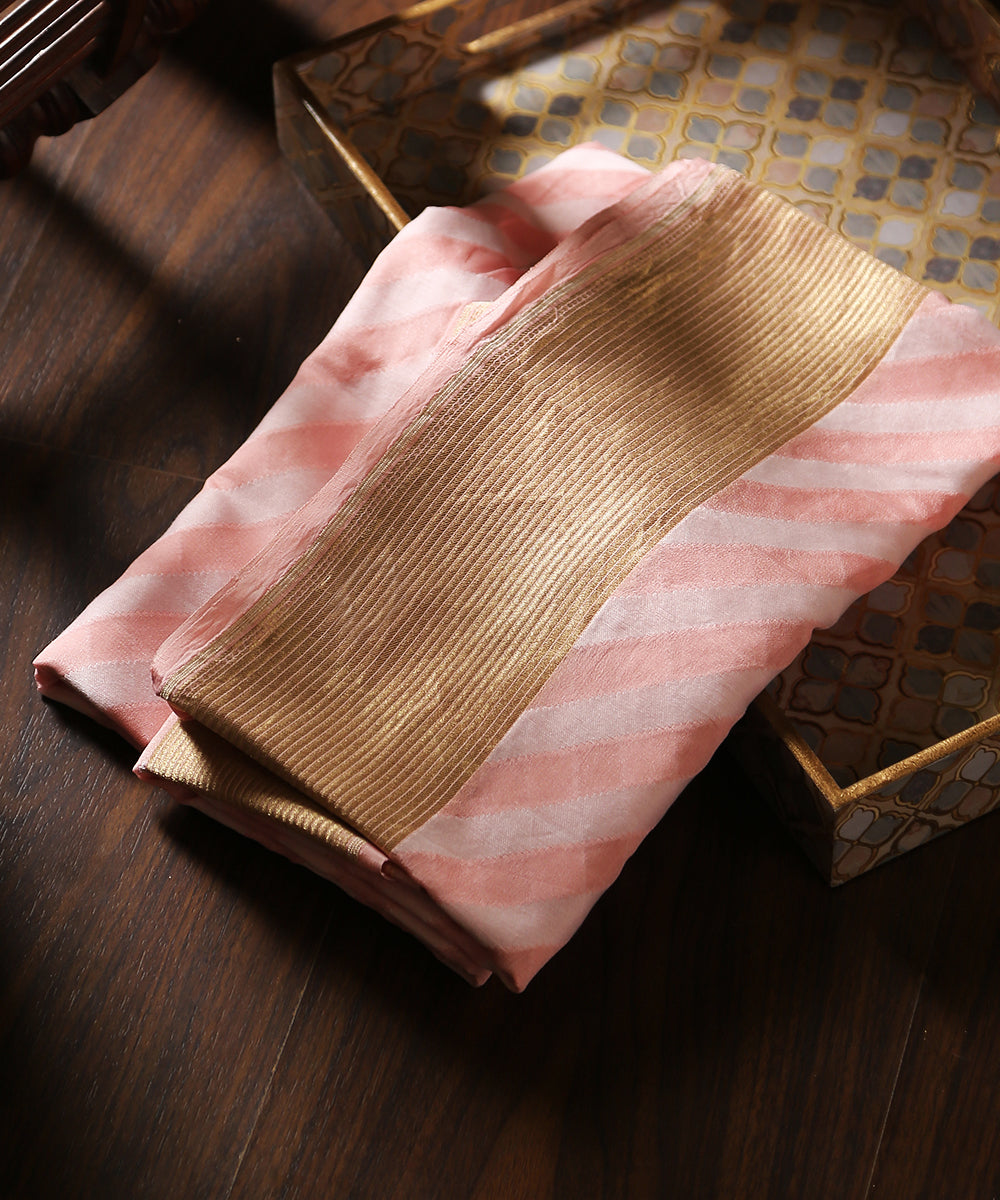 Pastel_Peach_Handloom_Pure_Georgette_Striped_Banarasi_Dupatta_With_Golden_Zari_Border_WeaverStory_01