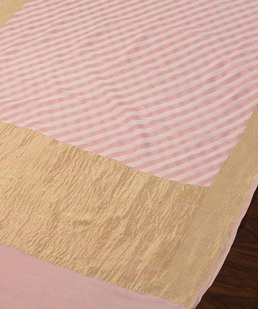 Pastel_Peach_Handloom_Pure_Georgette_Striped_Banarasi_Dupatta_With_Golden_Zari_Border_WeaverStory_03