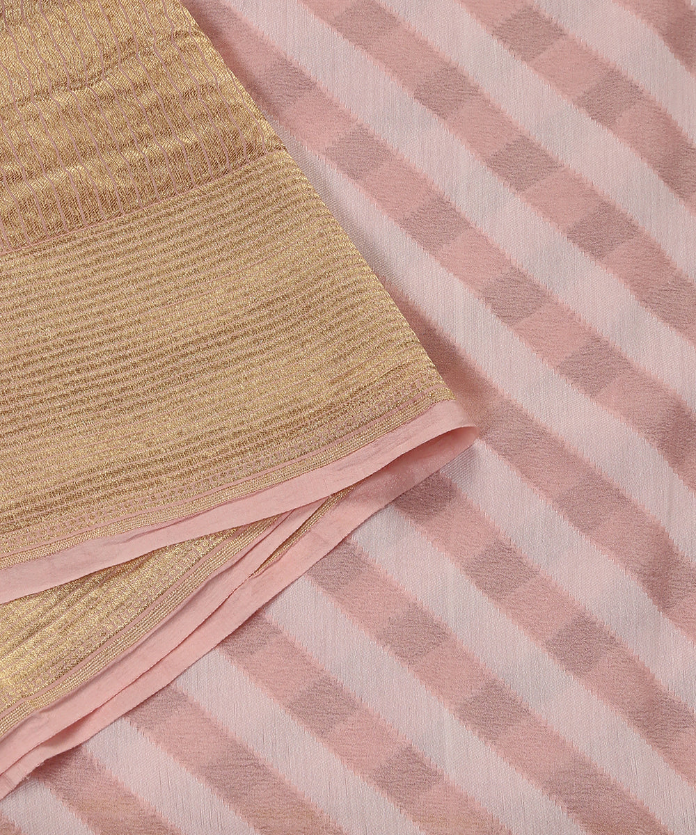 Pastel_Peach_Handloom_Pure_Georgette_Striped_Banarasi_Dupatta_With_Golden_Zari_Border_WeaverStory_04