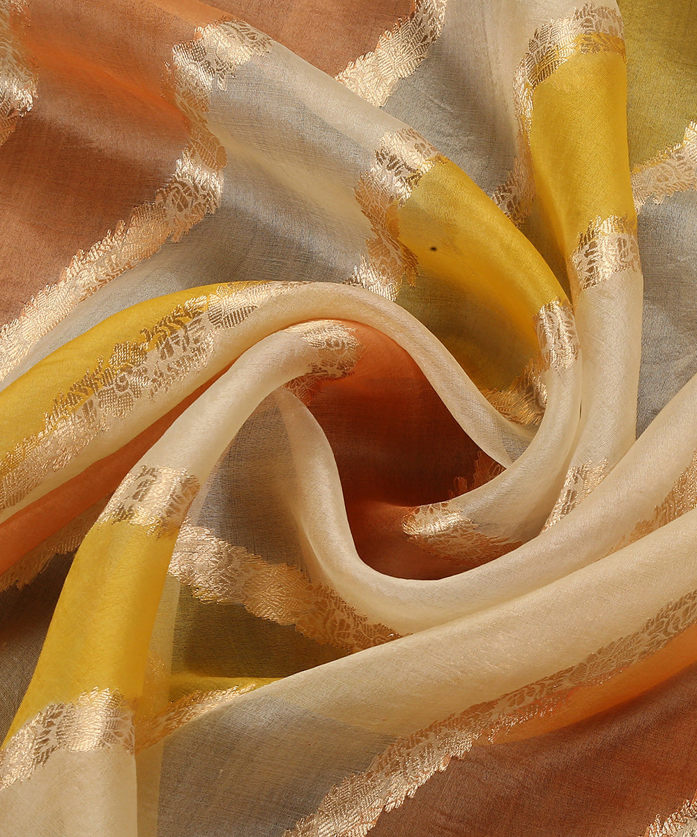 Handloom_Cream_And_Yellow_Rangkaat_Pure_Organza_Dupatta_With_All_Over_Jaal_WeaverStory_05