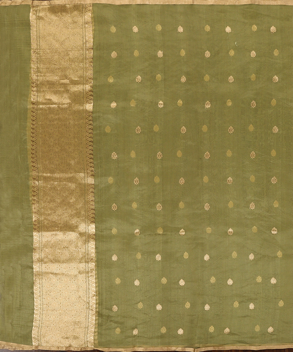 Handloom_Heena_Green_Pure_Organza_Dupatta_With_Booti_And_Border_WeaverStory_02