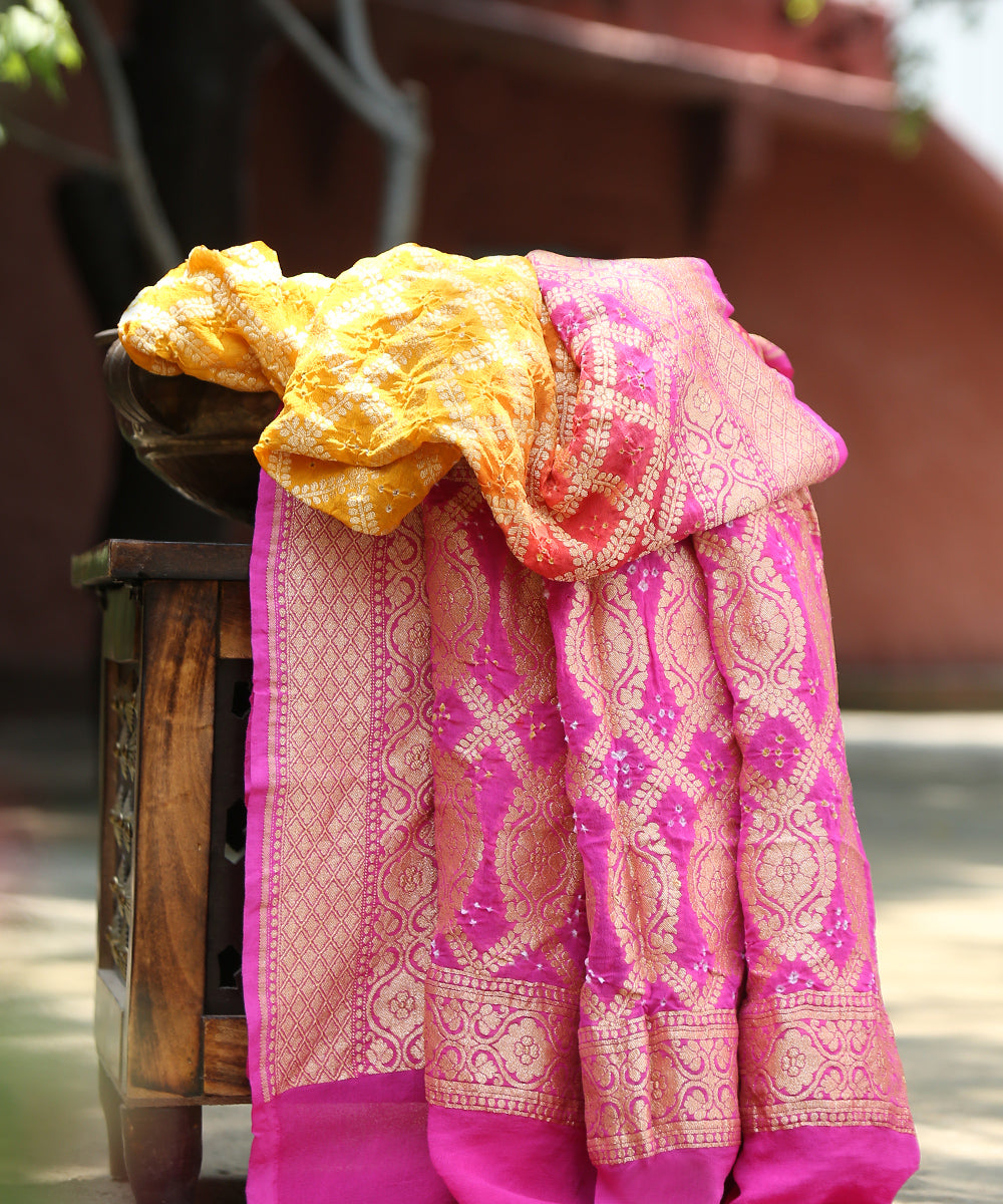 Handloom_Mustard_And_Pink_Ombre_Dyed_Pure_Georgette_Banarasi_Bandhej_Dupatta_WeaverStory_01