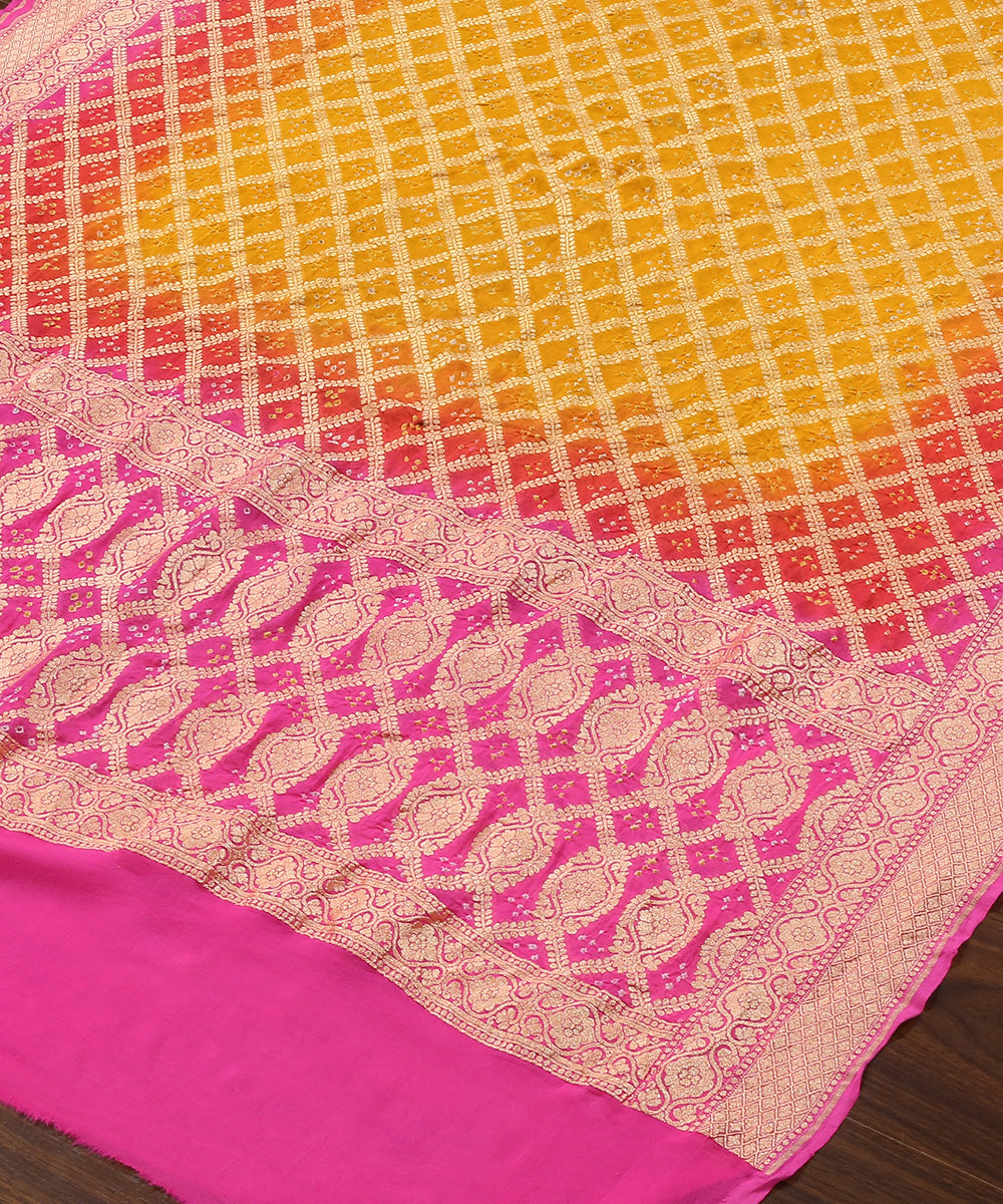 Handloom_Mustard_And_Pink_Ombre_Dyed_Pure_Georgette_Banarasi_Bandhej_Dupatta_WeaverStory_03