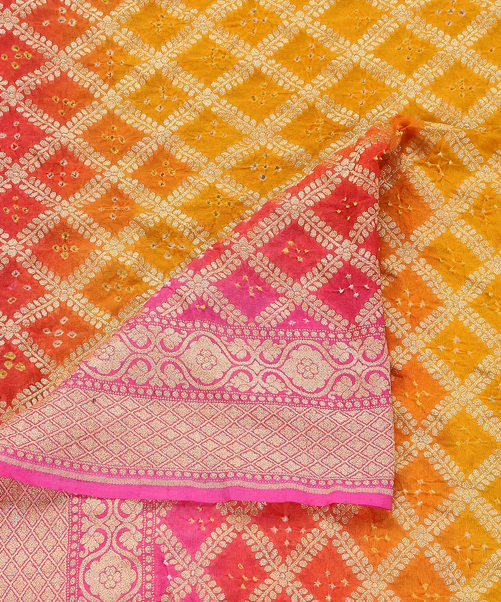 Handloom_Mustard_And_Pink_Ombre_Dyed_Pure_Georgette_Banarasi_Bandhej_Dupatta_WeaverStory_04