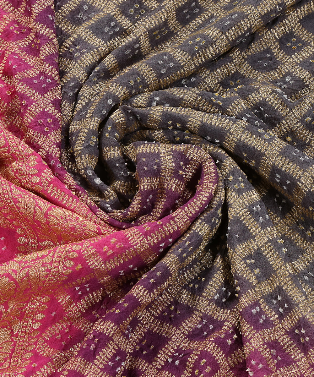 Handloom_Grey_And_Pink_Ombre_Dyed_Pure_Georgette_Banarasi_Bandhej_Dupatta_With_Cutwork_Weave_WeaverStory_05
