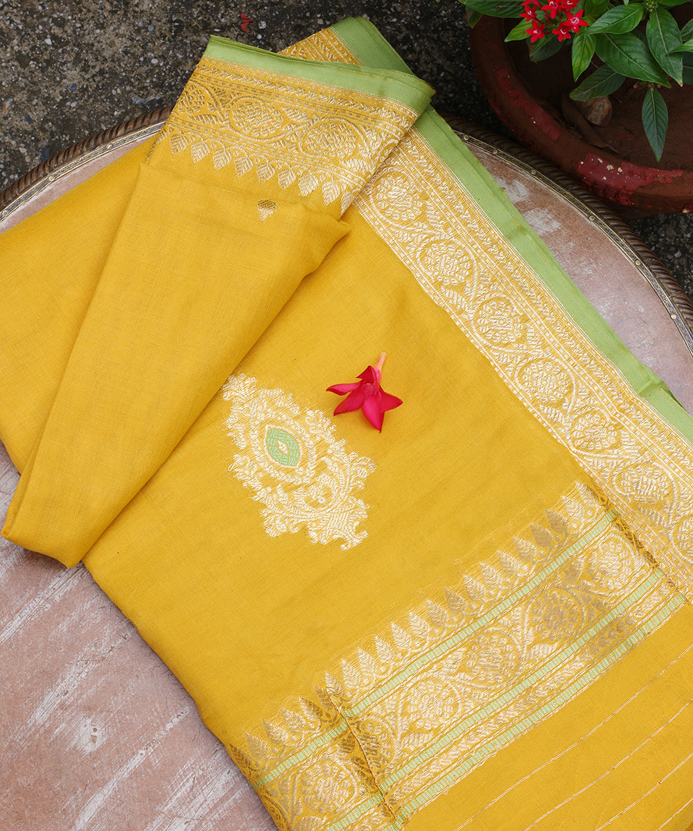 Yellow_Handloom_Pure_Cotton_Banarasi_Dupatta_With_Booti_WeaverStory_01
