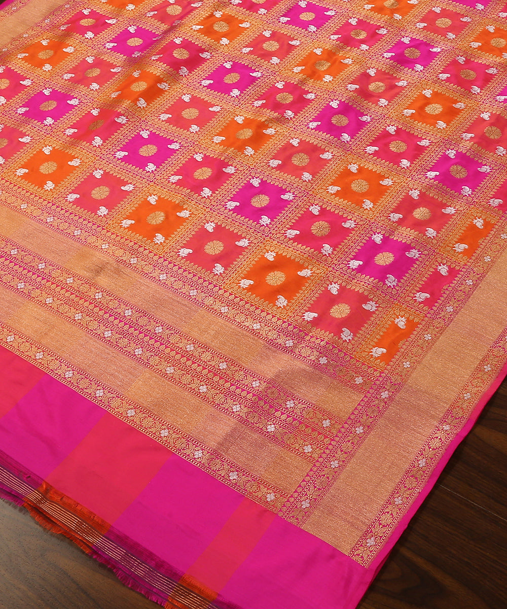 Handloom_Orange_And_Pink_Pure_Katan_Silk_Chowkdi_Rangkaat_Banarasi_Dupatta_WeaverStory_03