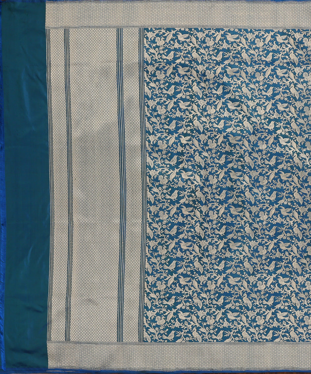 Peacock_Blue_Handloom_Pure_Katan_Silk_Shikargah_Banarasi_Dupatta_With_Mynahs_And_Peacocks_WeaverStory_02