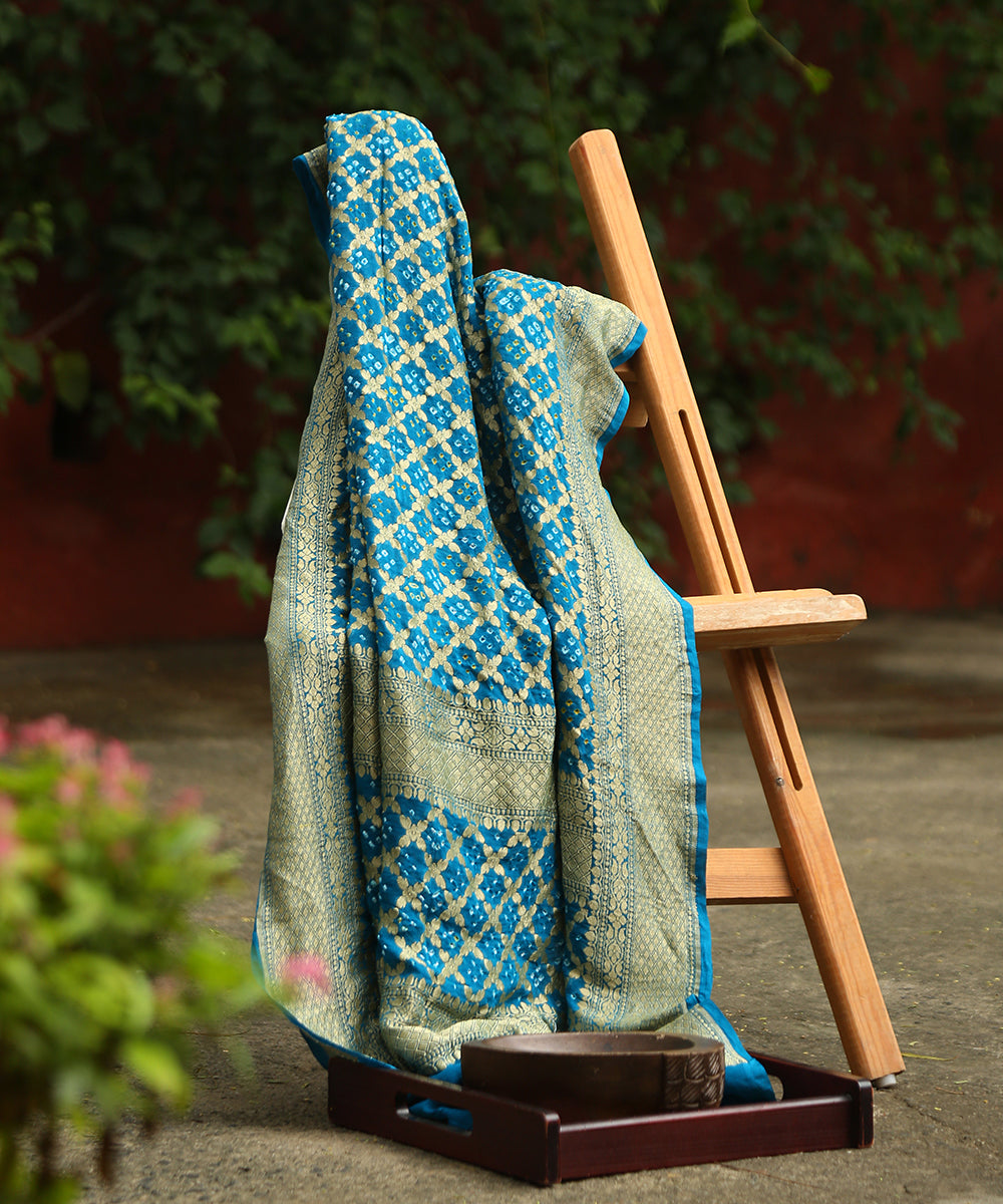 Teal_Blue_Handloom_Pure_Georgette_Banarasi_Bandhej_Dupatta_WeaverStory_01