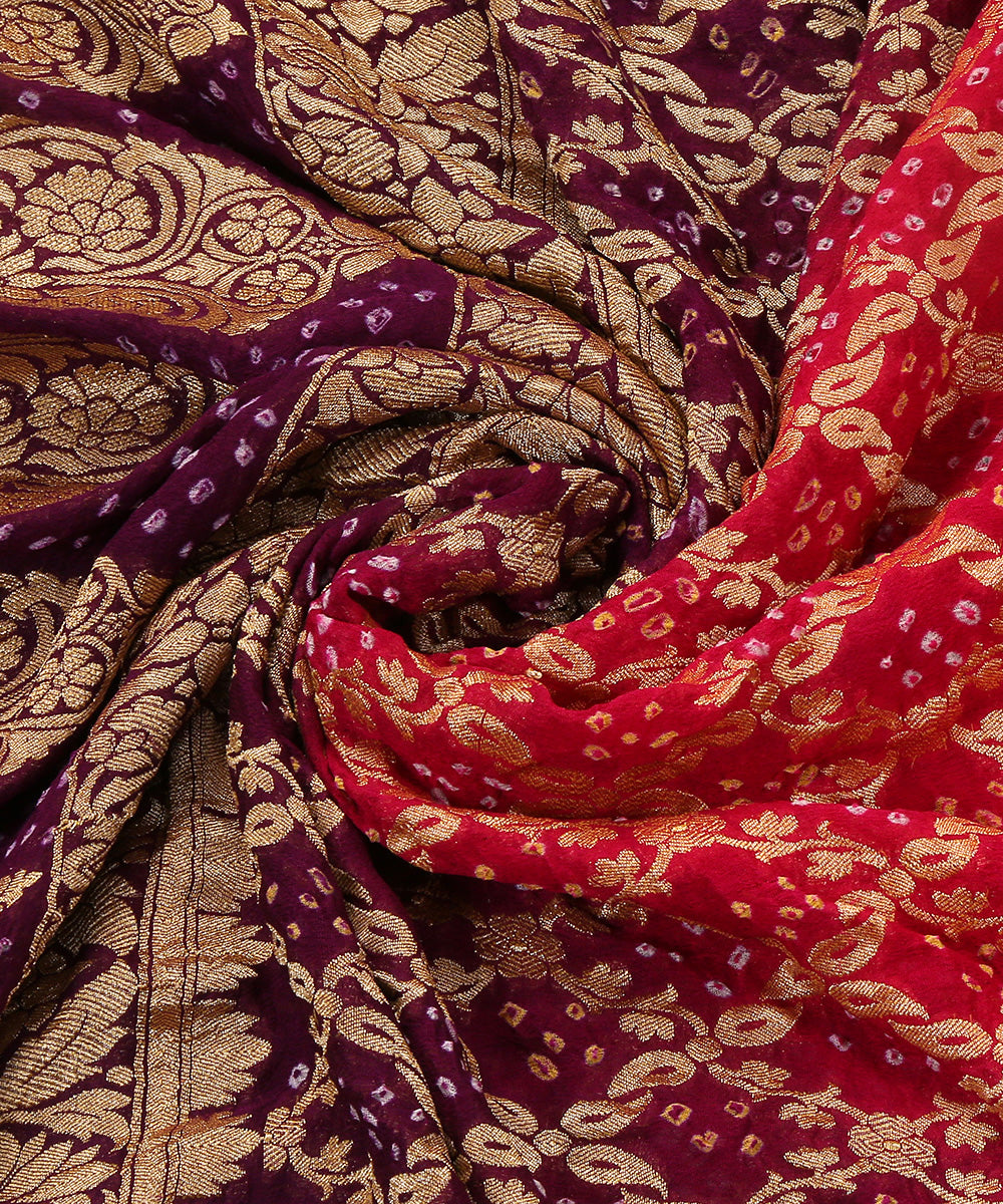Handloom_Magenta_And_Purple_Ombre_Dyed_Pure_Georgette_Banarasi_Bandhej_Dupatta_WeaverStory_05