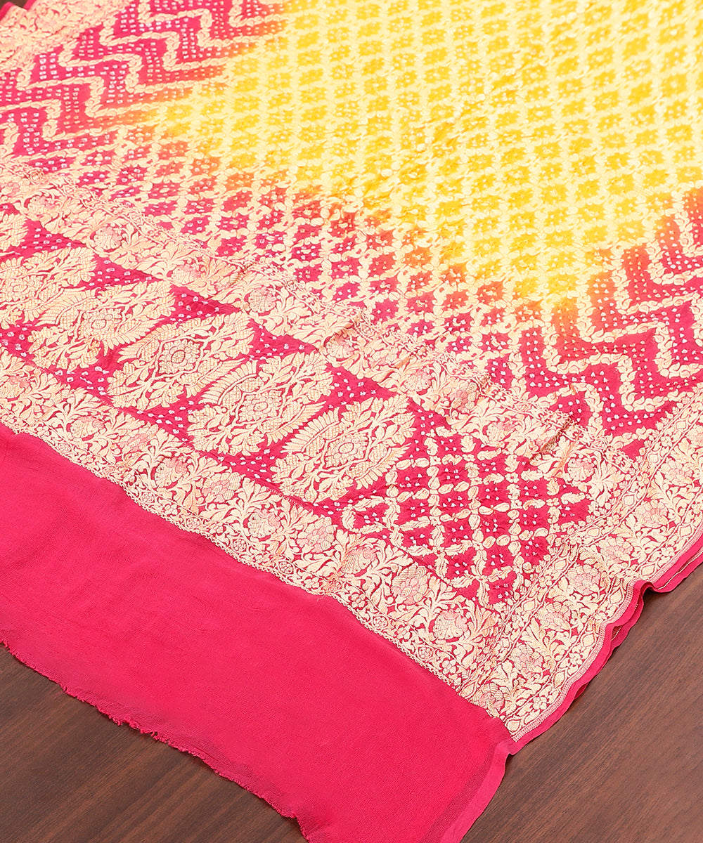 Handloom_Pink_And_Yellow_Ombre_Dyed_Pure_Georgette_Banarasi_Bandhej_Dupatta_WeaverStory_03