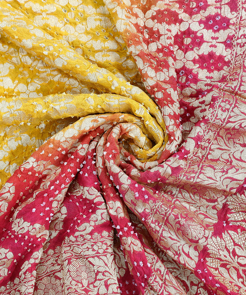 Handloom_Pink_And_Yellow_Ombre_Dyed_Pure_Georgette_Banarasi_Bandhej_Dupatta_WeaverStory_05