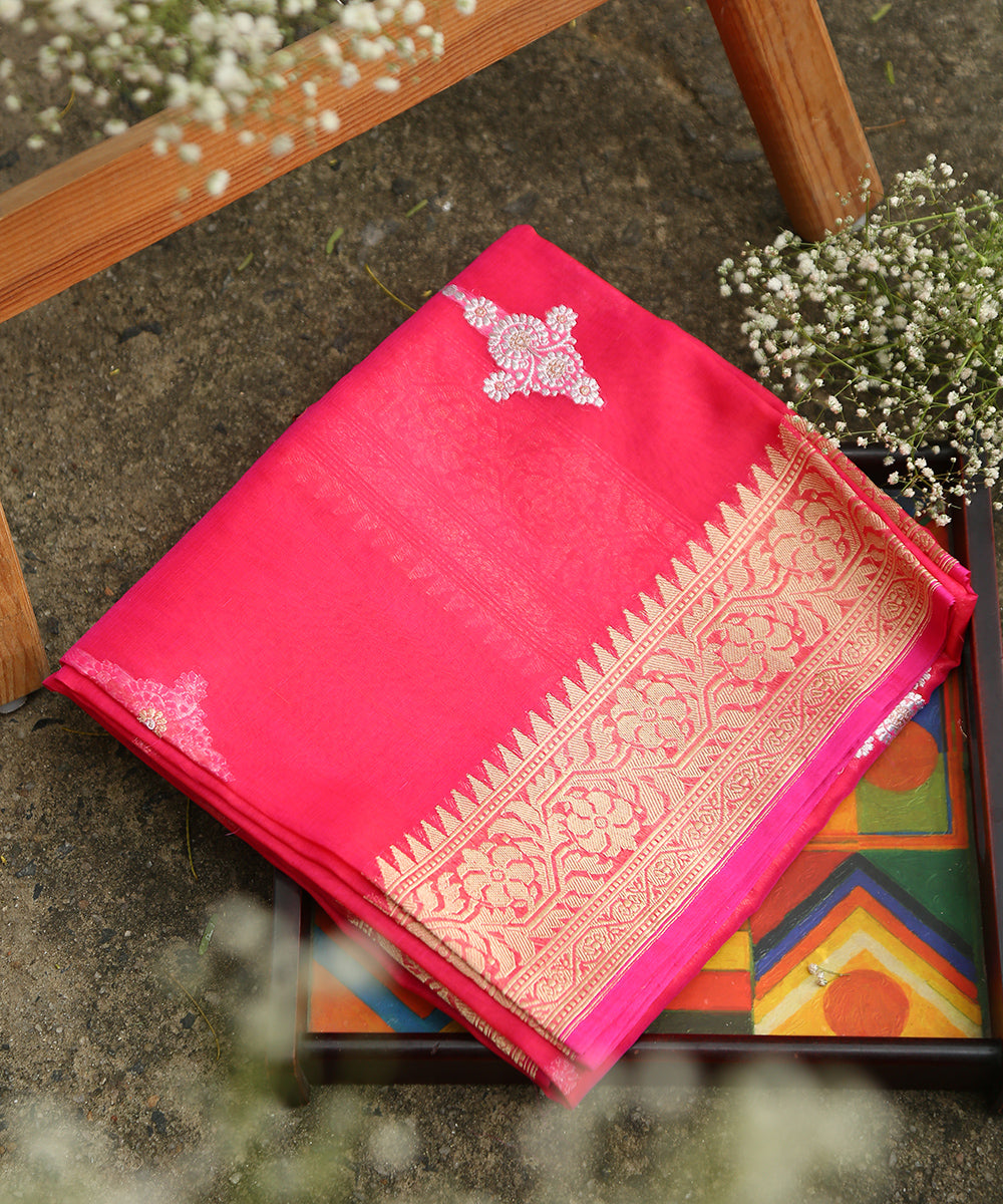 Hot_Pink_Handloom_Pure_Kora_Silk_Dupatta_With_Kadhwa_Sona_Rupa_Boota_WeaverStory_01