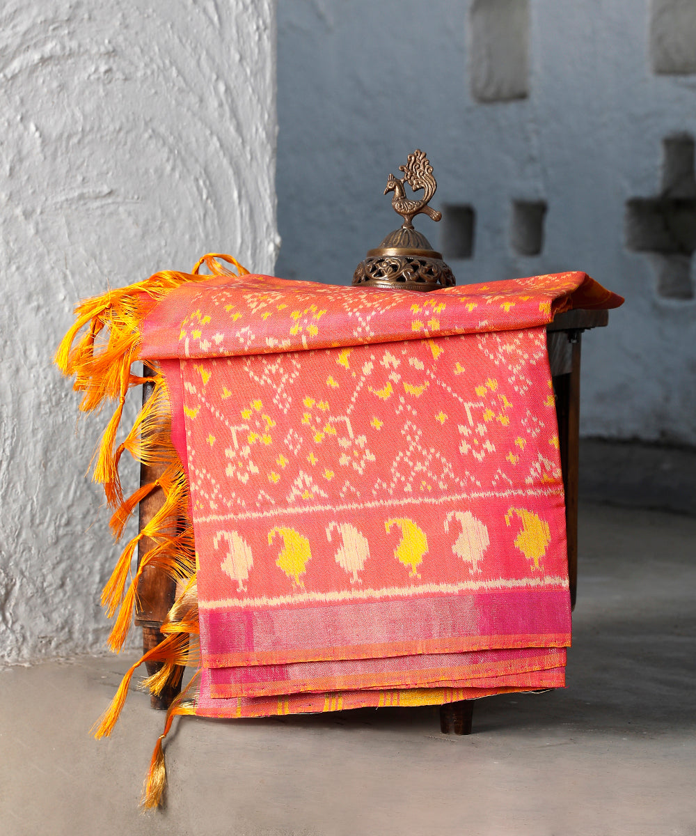 Handloom_Pink_And_Orange_Pure_Mulberry_Silk_Ikat_Patola_Dupatta_With_Paisleys_On_Border_WeaverStory_01