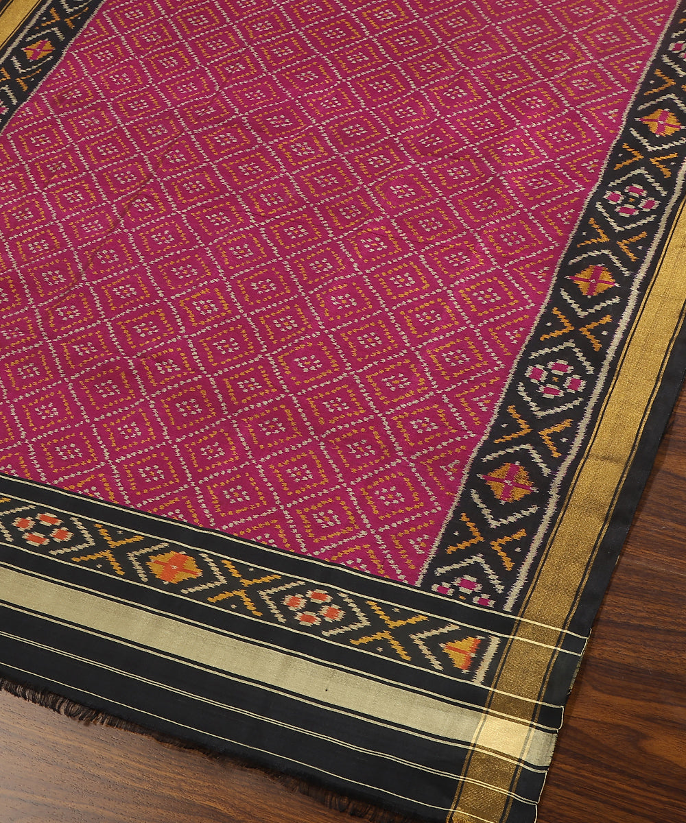 Handloom_Plum_And_Black_Pure_Mulberry_Silk_Ikat_Patola_Dupatta_With_Black_And_Golden_Border_WeaverStory_03