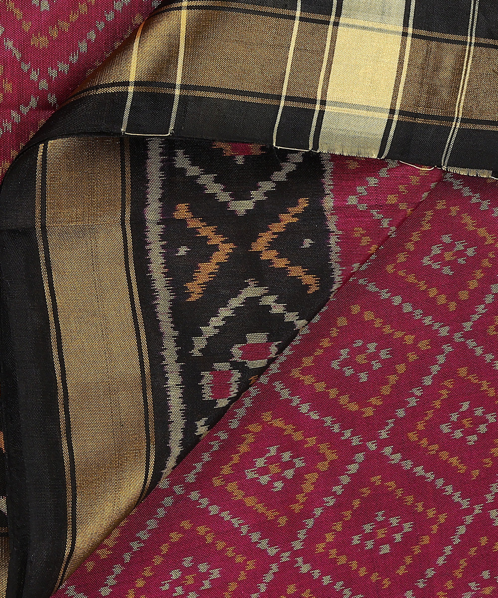 Handloom_Plum_And_Black_Pure_Mulberry_Silk_Ikat_Patola_Dupatta_With_Black_And_Golden_Border_WeaverStory_04