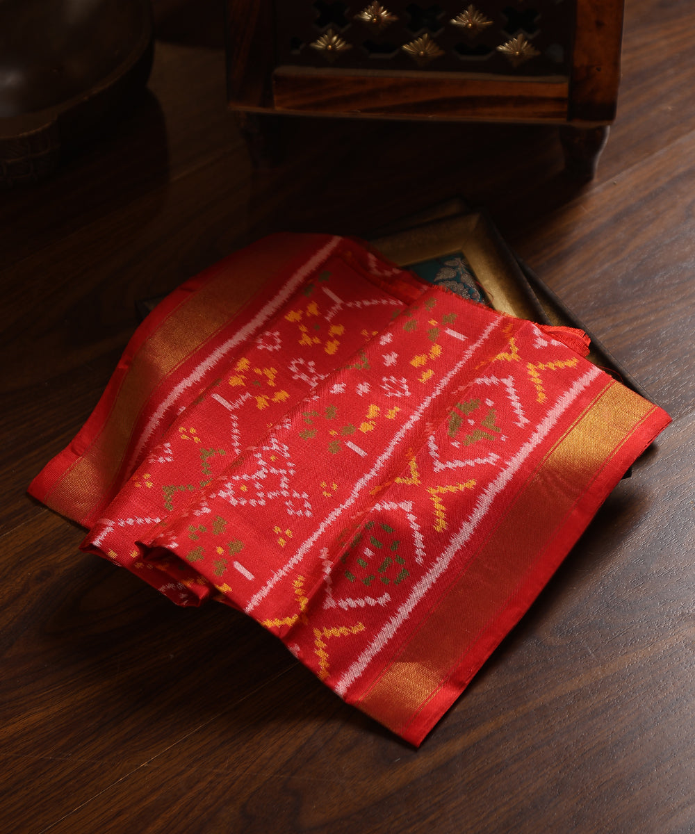 Red_Handloom_Pure_Mulberry_Silk_Ikat_Patola_Dupatta_With_Striped_Palla_WeaverStory_01