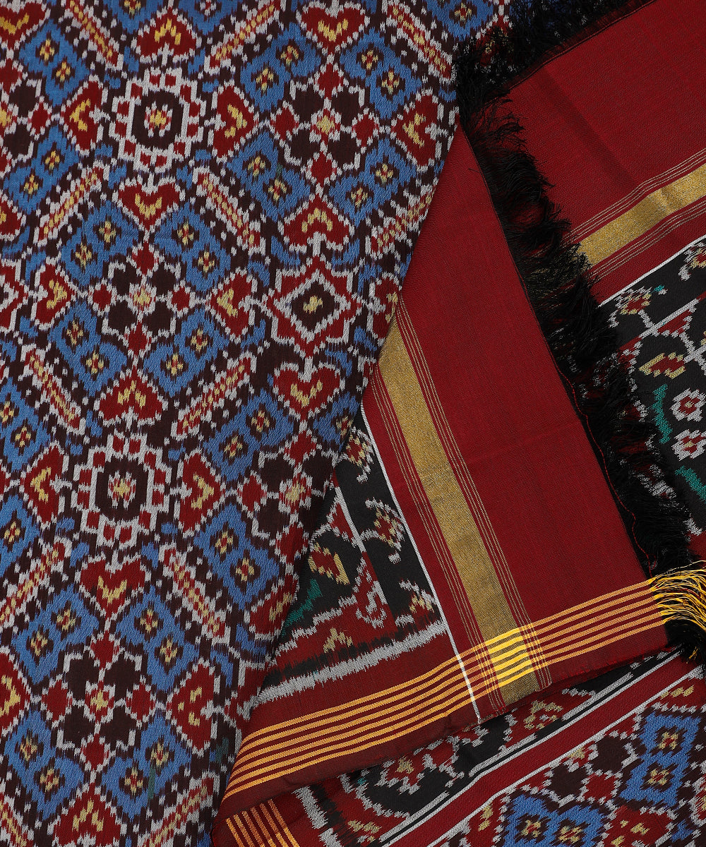 Blue_Handloom_8_Ply_Pure_Mulberry_Silk_Ikat_Patola_Dupatta_With_Maroon_Border_WeaverStory_04