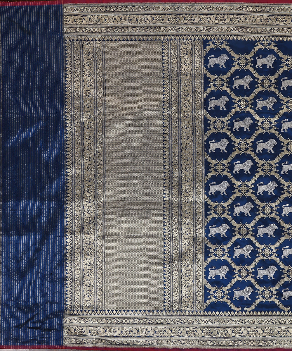 Blue_Handloom_Pure_Katan_Silk_Kadhwa_Shikargah_Banarasi_Dupatta_With_Lion_Motifs_WeaverStory_02